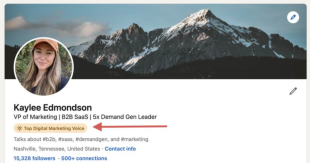 profil LinkedIn de Kaylee Edmondson qui possède le badge Top Digital Marketing Voice 