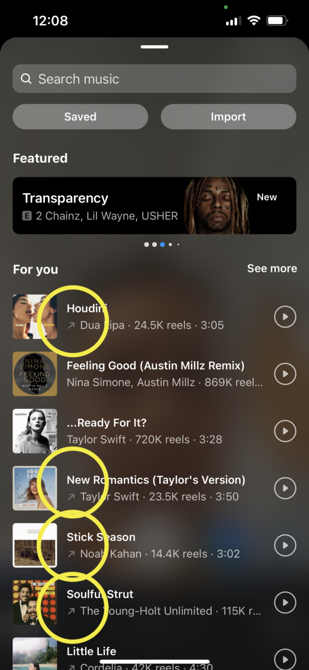 up arrow trending music on Instagram Dua Lipa and Taylor Swift