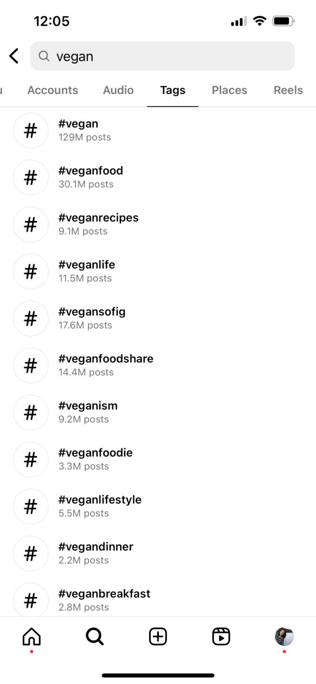 vegan tags on Instagram Explore page