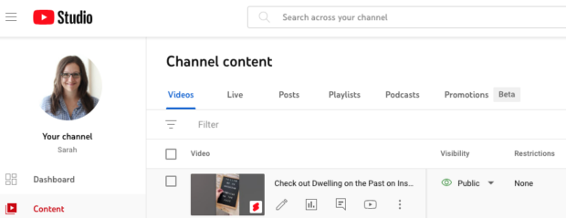 YouTube Studio Channel Content