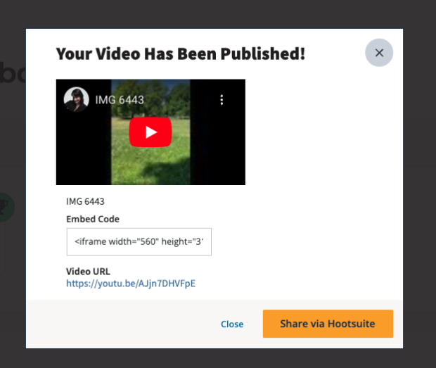 Hootsuite your video has been published embed code and URL