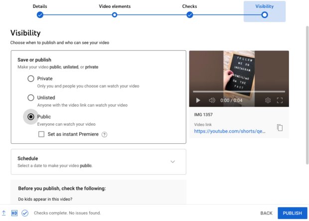 Visibility set to public on YouTube