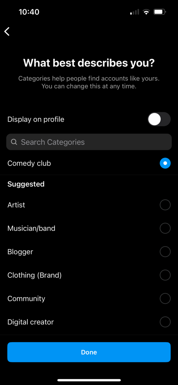 category that best describes Instagram account with suggestions such as comedy club artist and blogger