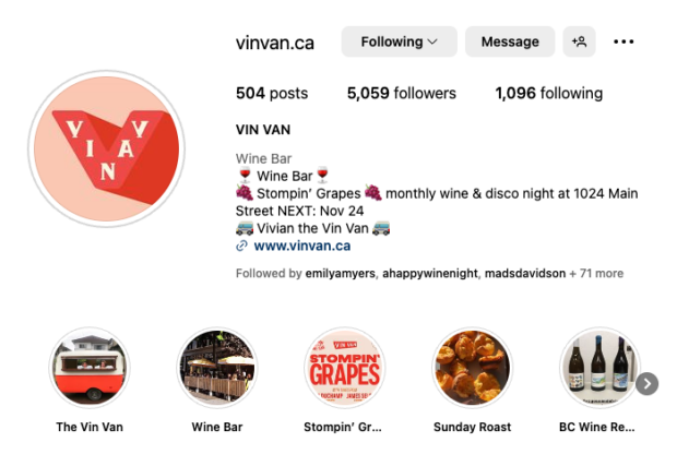 Vin Van Wine Bar Instagram profile with playful bio and highlights