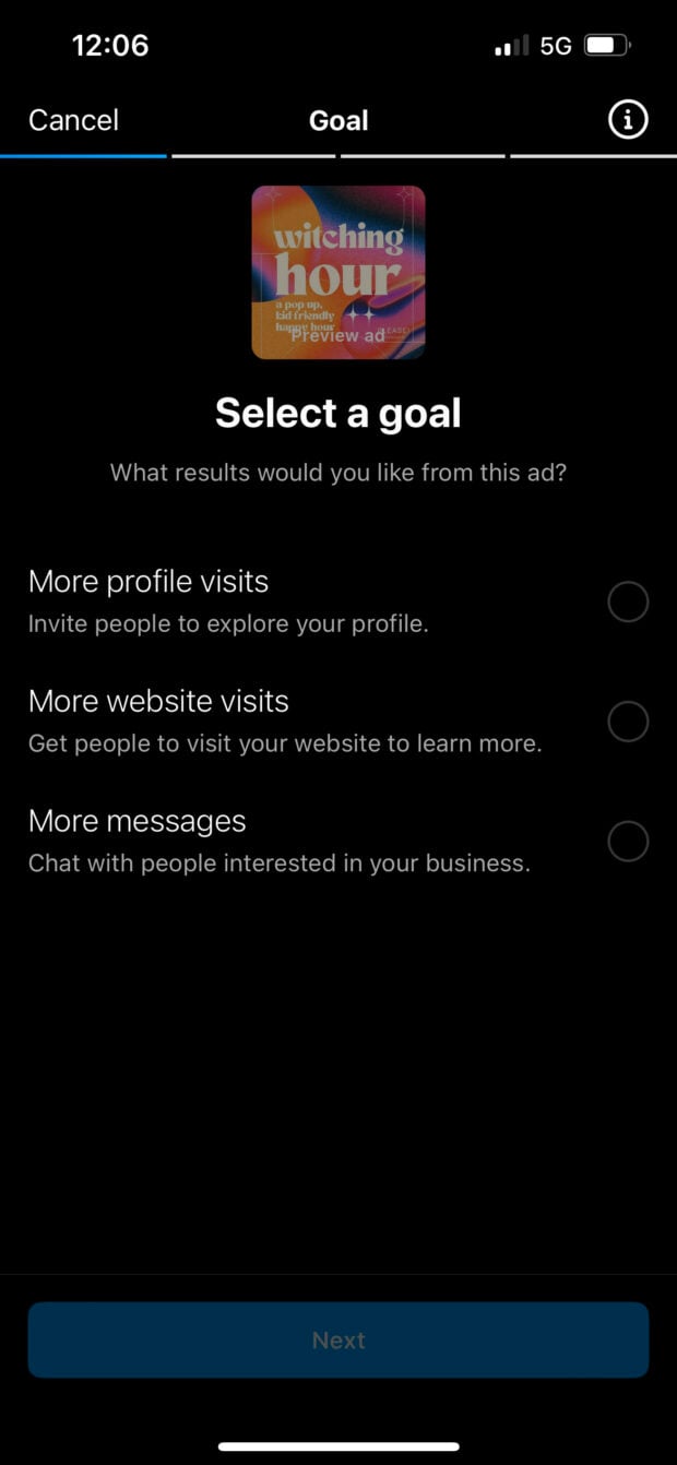 choose goal for Instagram post profile visits website visits or messages