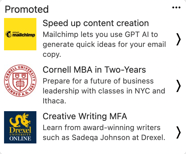 Promoted Content MailChimp Cornell MBA and Drexel MFA