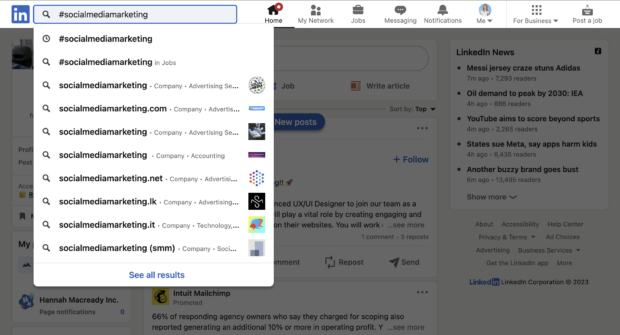 linkedin search for hashtag #socialmediamarketing