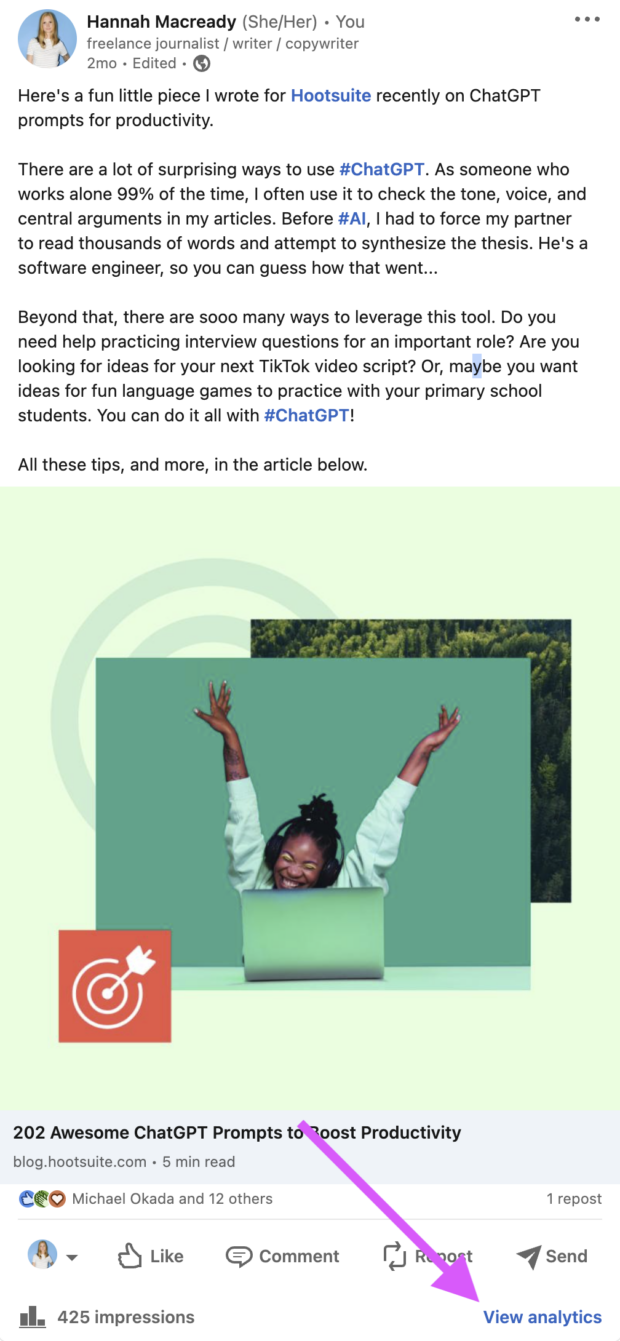post from hannah macready promoting hootsuite article with arrow showing the view analytics button in bottom right corner