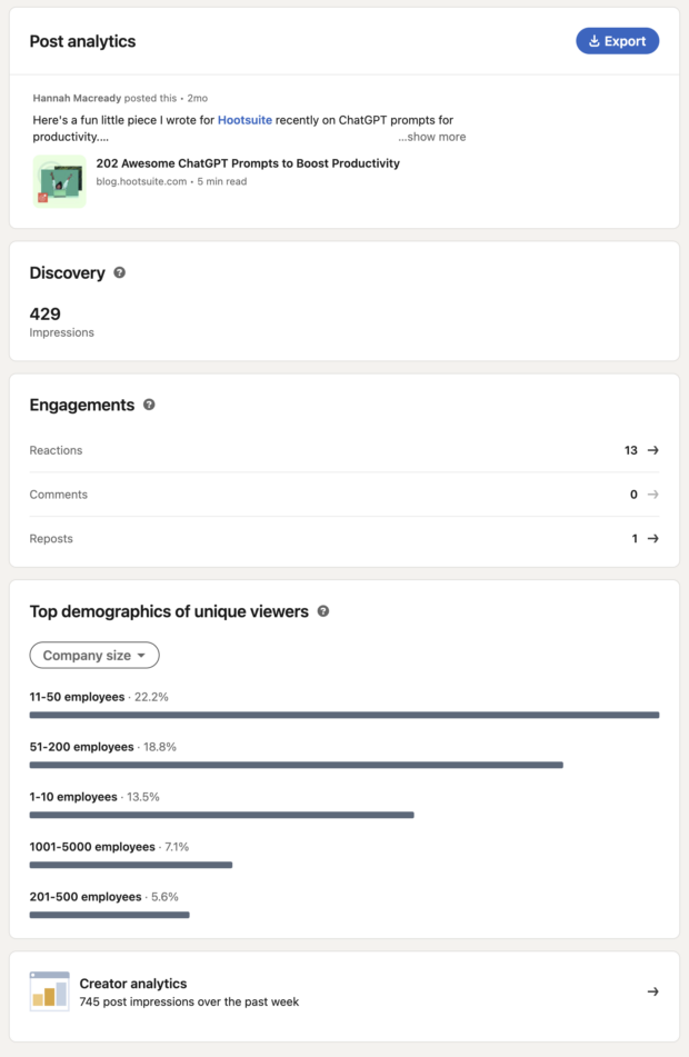 post analytics for individual post showing discovery, engagements, and top demographics of users ranked by company size