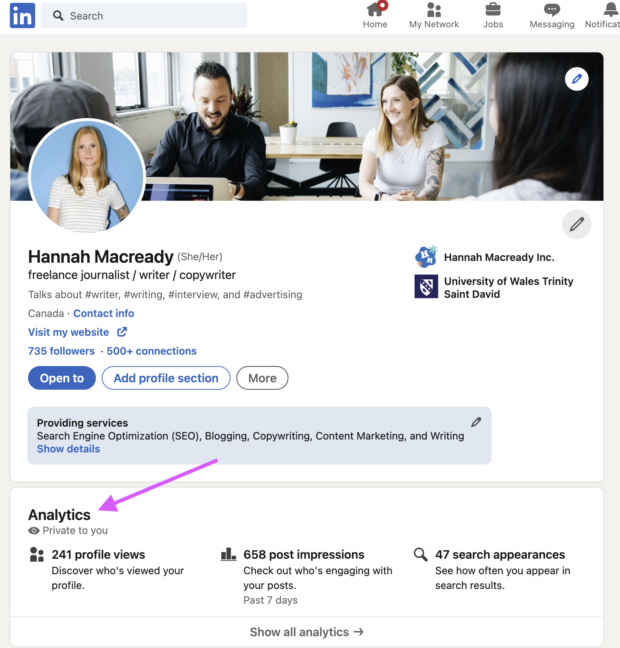 linkedin profile analytics tab shown directly under profile picture on individual linkedin page