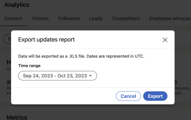 pop up asking user to select date range to export linkedin report 