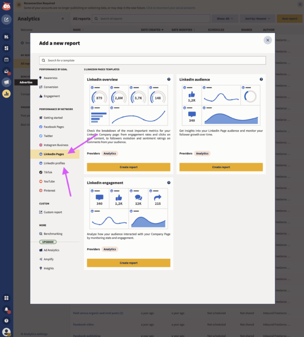 two arrows showing linkedin personal and business report options in hootsuite analytics dashboard