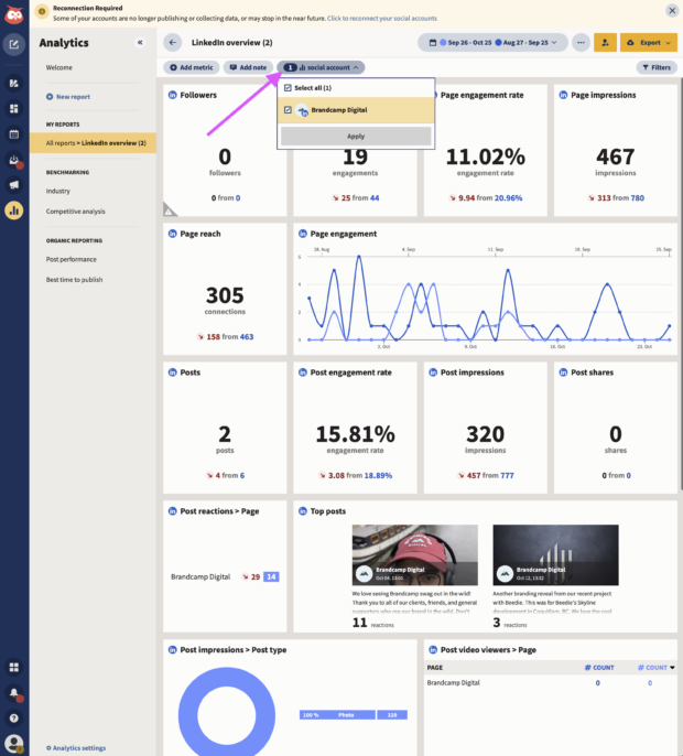 arrow showing dropdown menu in hootsuite analytics to select correct linkedin account