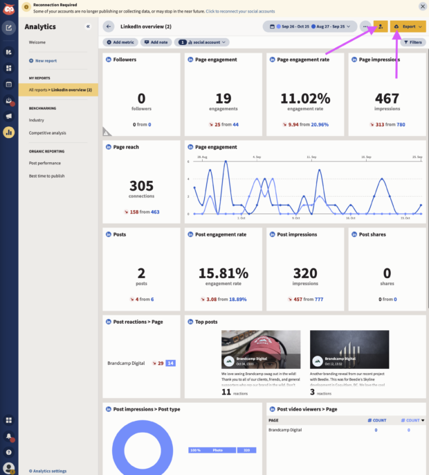 two arrows showing share and export options in hootsuite linkedin analytics report