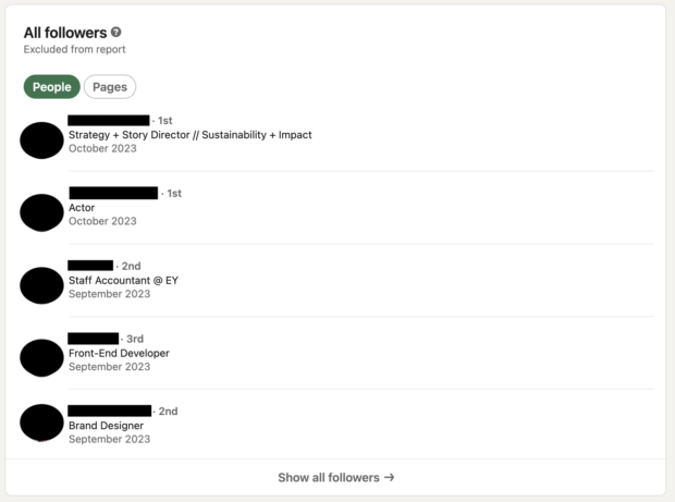 list of all followers in linkedin analytics page
