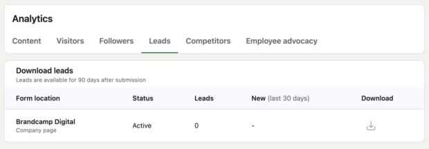 lead form analytics in linkedin, showing status and number of leads, plus a download button