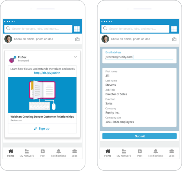 linkedin lead gen form ad showing a form where users can enter their name and business information