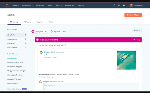 HubSpot Instagram comments social monitoring
