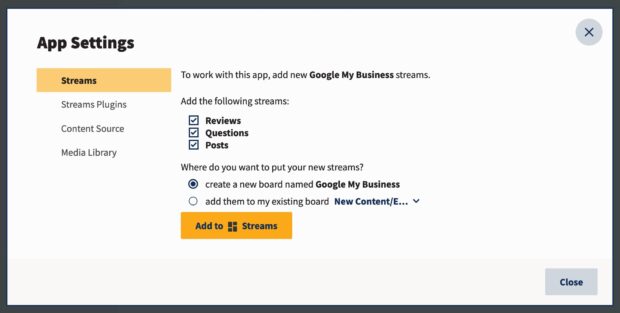 Google My Business App-Einstellungen in Hootsuite Streams