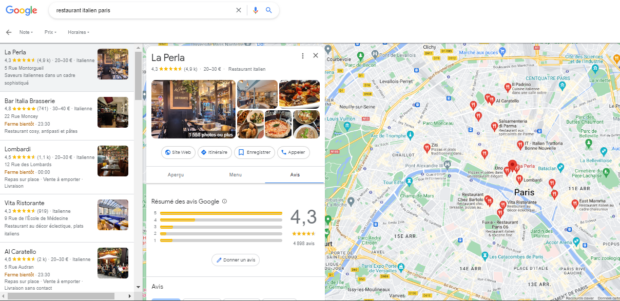 Fiche d’établissement et évaluation d’un restaurant italien à Paris sur Google Maps