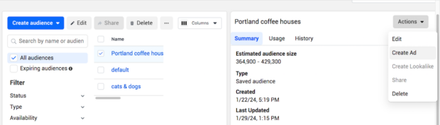 Create Portland coffee houses ad targeted for estimated audience size