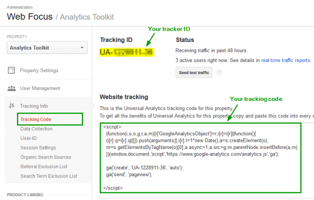 Window showing a Google Analytics tracking code