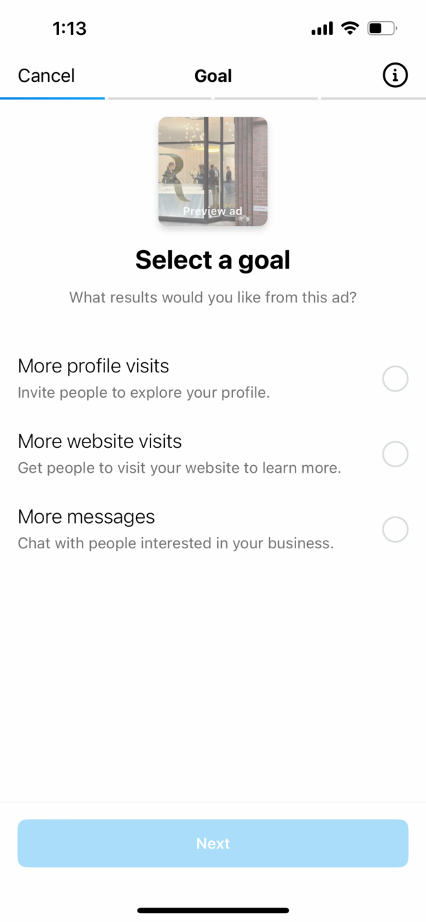 Select a goal more profile visits more website visits or more messages