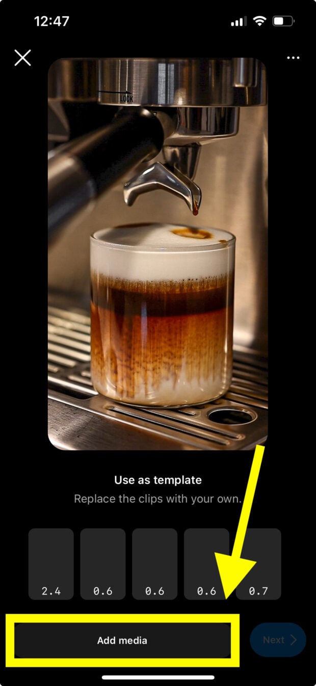 Add media button to Instagram Reel of coffee