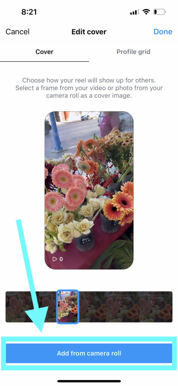 Edit cover and select frame from video or photo from camera roll as cover image