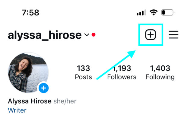 plus button top right of Instagram profile