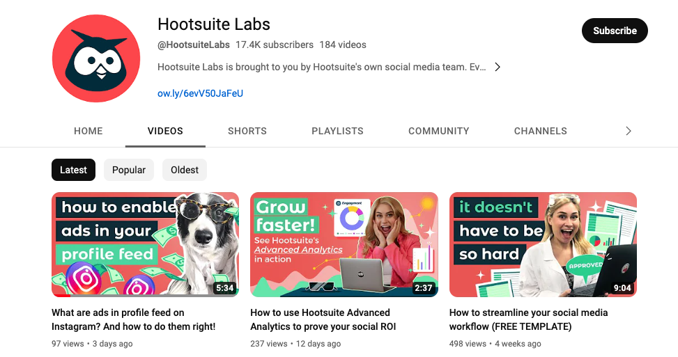 Las miniaturas de los videos en el canal de YouTube de Hootsuite Labs siempre son precisas.