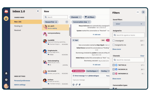 Hootsuite Inbox 2.0 showing messages from multiple platforms