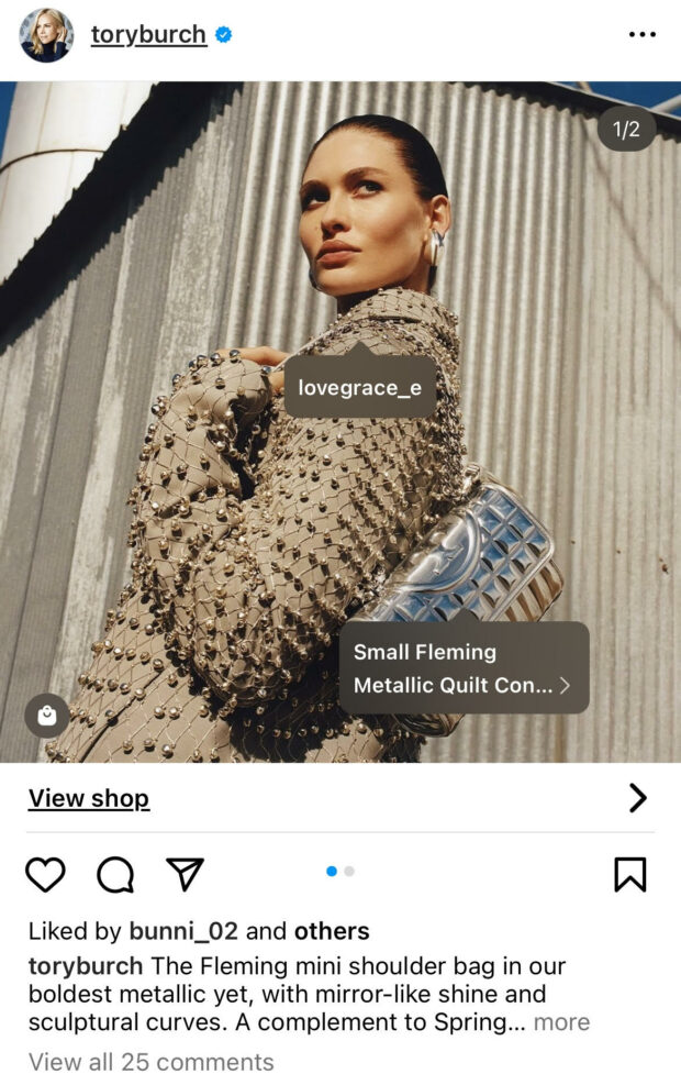 tory burch instagram post showing shoppable tags 