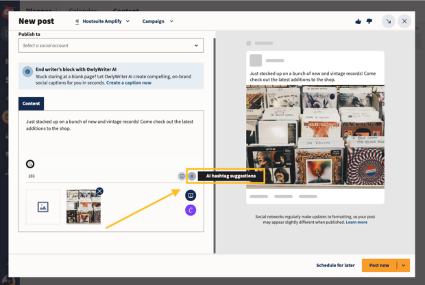 Sugerencias de hashtags mediante Inteligencia Artificial en el compositor de Hootsuite