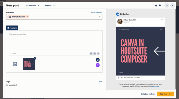 Uploading Canva graphic directly in Hootsuite