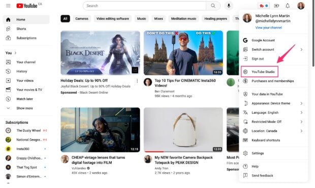 YouTube Studio option under profile photo on right side of screen