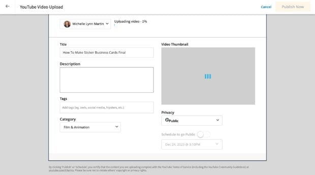 YouTube video upload add title description tags category thumbnail and privacy settings