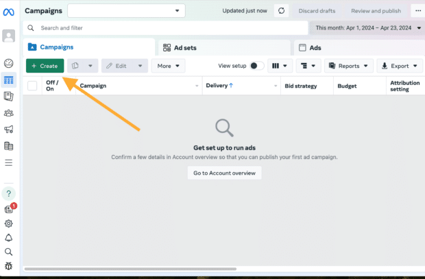 Click "create" in meta ads manager to start a facebook advertising campaign