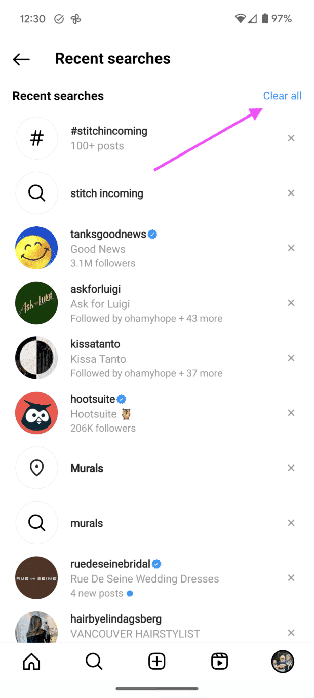 clear instagram searches