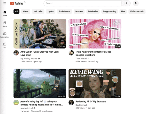 youtube home page showing beauty tips and music recommendations