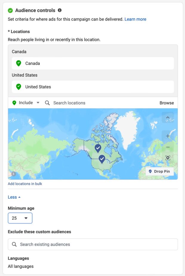 Audience controls locations minimum age and languages