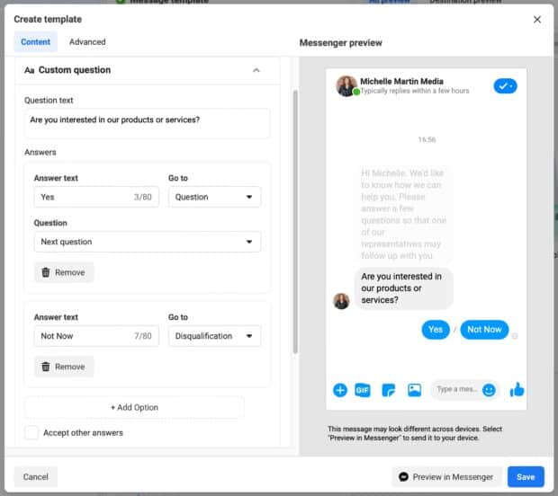 Create template with custom question and Messenger preview