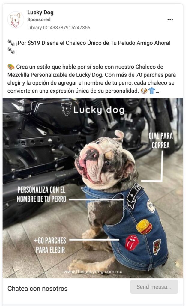 Lucky Dog Facebook ad in Spanish