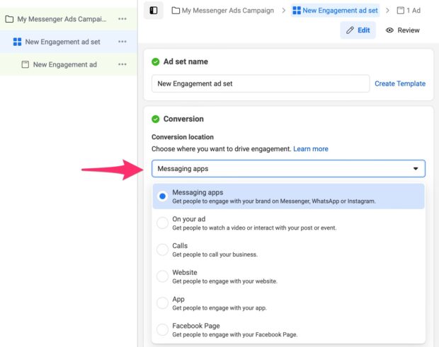 Ad set name and conversion messaging apps
