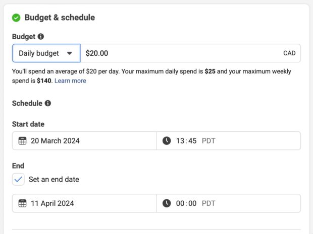 Daily budget and schedule with start and end date