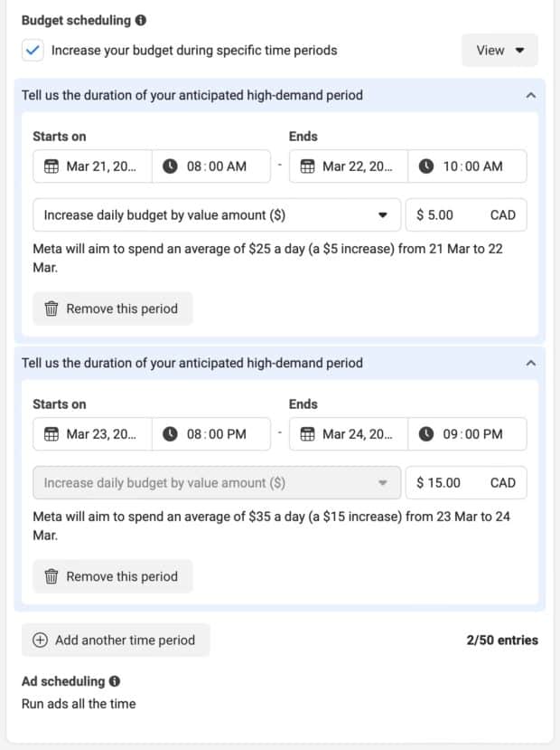 Budget scheduling duration start and end date