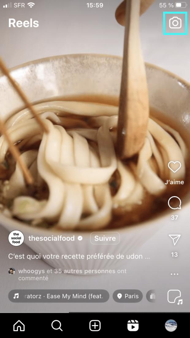 icône appareil photo pour créer un reel Instagram depuis la section reels