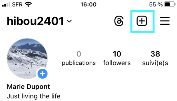 bouton plus en haut à droite du profil Instagram