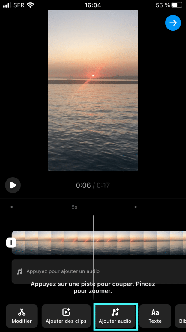bouton ajouter audio dans l’éditeur de reels Instagram
