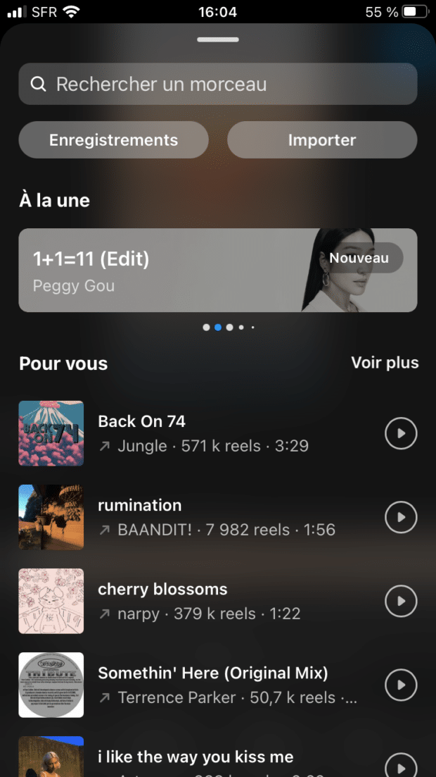 menu pour choisir l’audio d’un reel Instagram